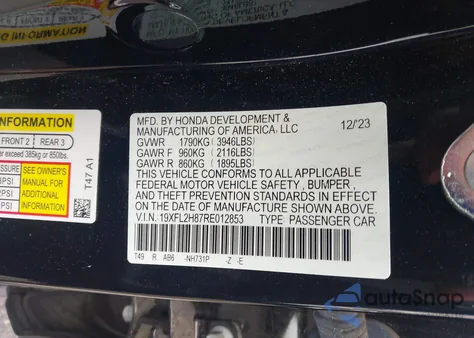 2024 Honda Civic Sport z USA, uszkodzony, nr VIN 19XFL2H87RE012853